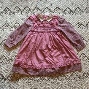 Vintage 1980’s Polly Flinders Hand-Smocked Dress Pink Floral Collar 4T Cotton